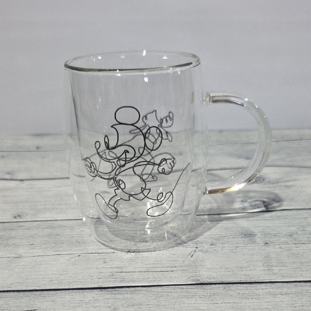 Disney Clear Glass Mug with Black Line Art Mickey Mouse And Pluto